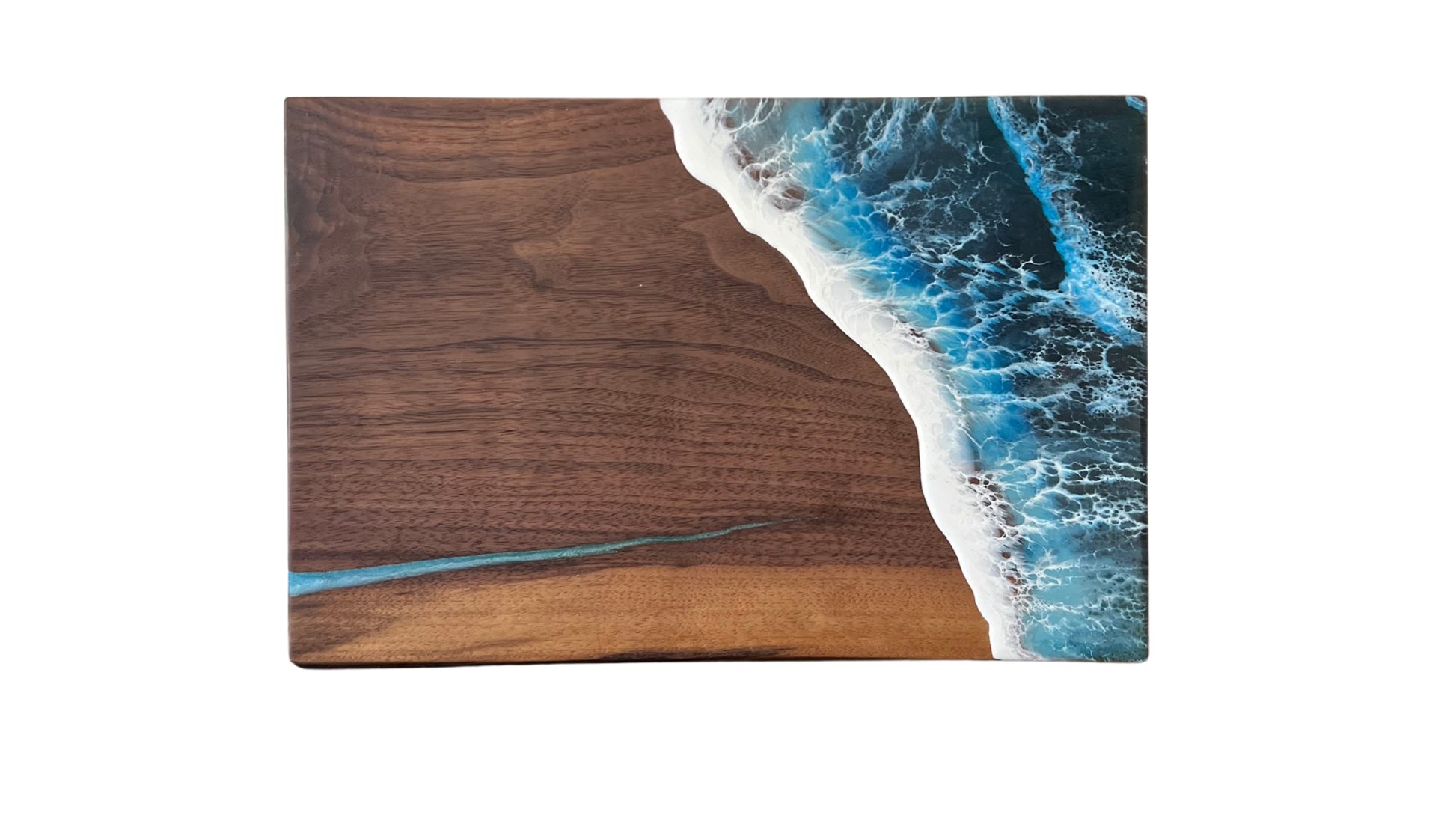 Ocean Wave serving board with blue resin filled crack