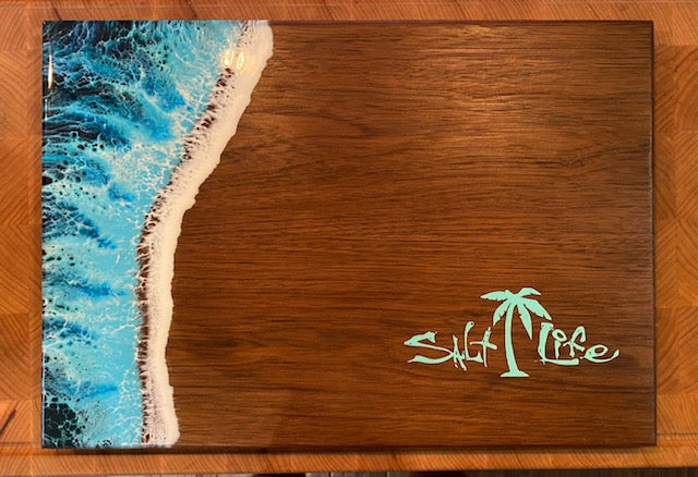 Dark wood Ocean wave serving board with Salt Life engraving